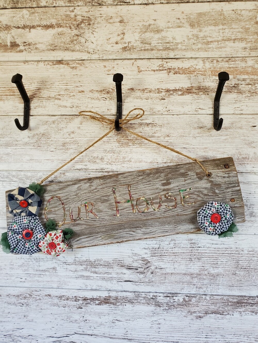 Barn Wood "Our House" Sign Rustic Primitive Farmhouse Decor Suffolk Puff Fabric